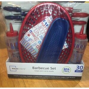 New 30 Piece Barbeque Set Bbq Party Mainstay Red White Blue Cookout Bpa Free